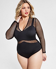 Trendy Plus Size Mesh Panel Bodysuit, Created for Macy's