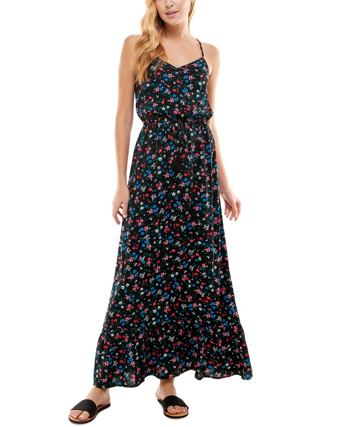 Kingston Grey Juniors' Printed Crisscross Maxi Dress In Black/pink