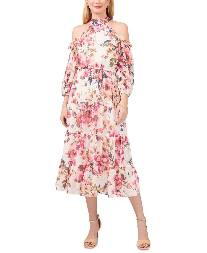 MSK Floral-Print Cold-Shoulder Midi Dress - Macy's