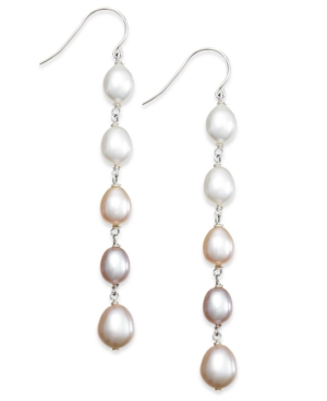 image of Multi-Colored Cultured Freshwater Pearl Linear Earrings in Sterling Silver (7mm)