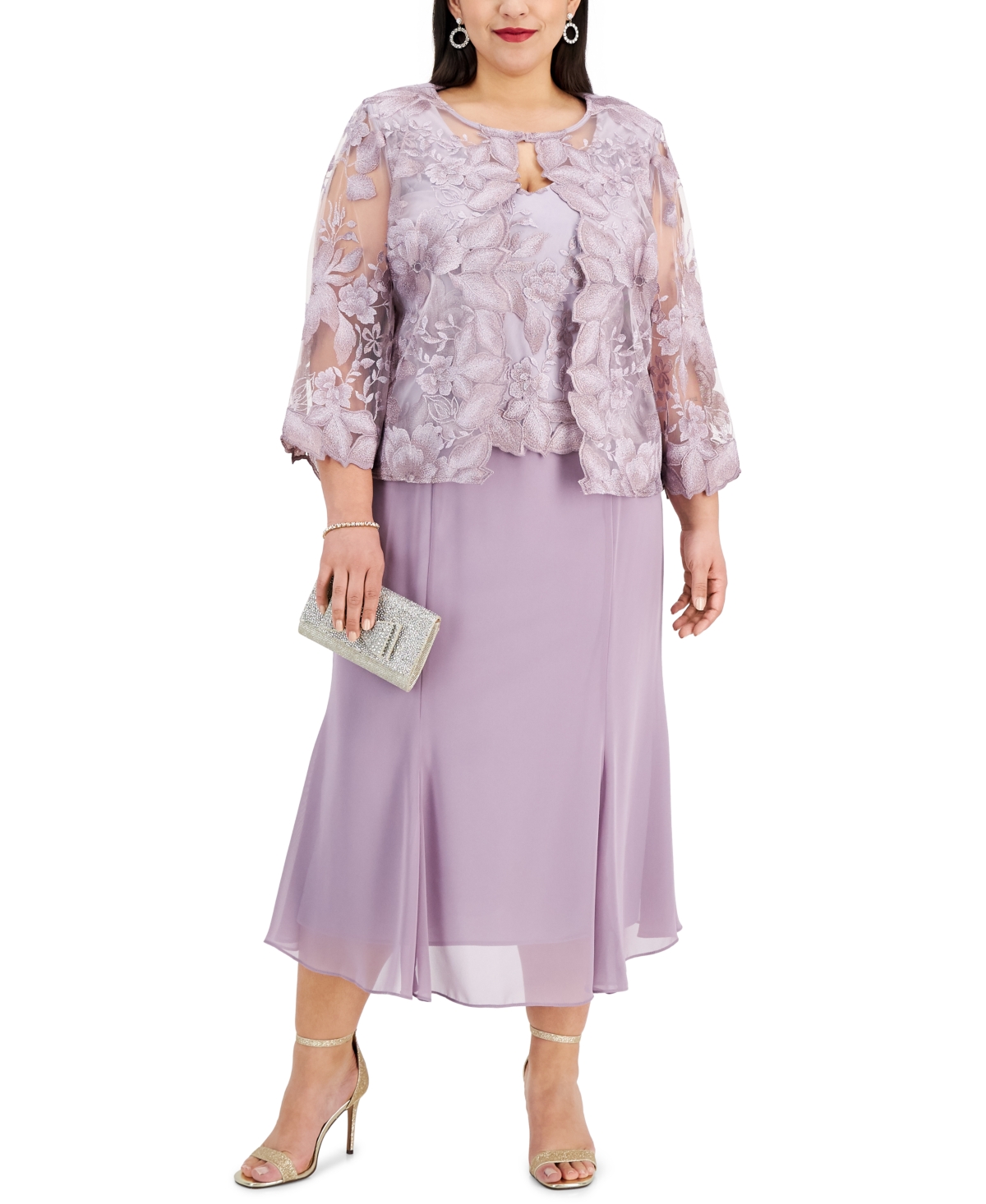 Plus Size A-Line Dress With Lace Mock Jacket - Smokey Orchid