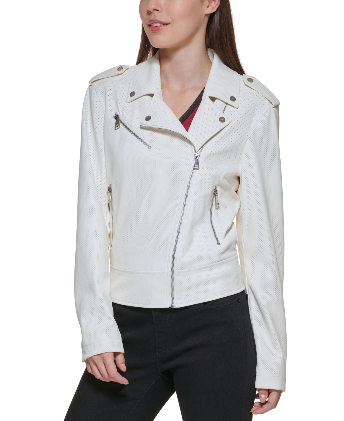 Dkny Perforated Faux Leather Moto Jacket In Ivory Modesens