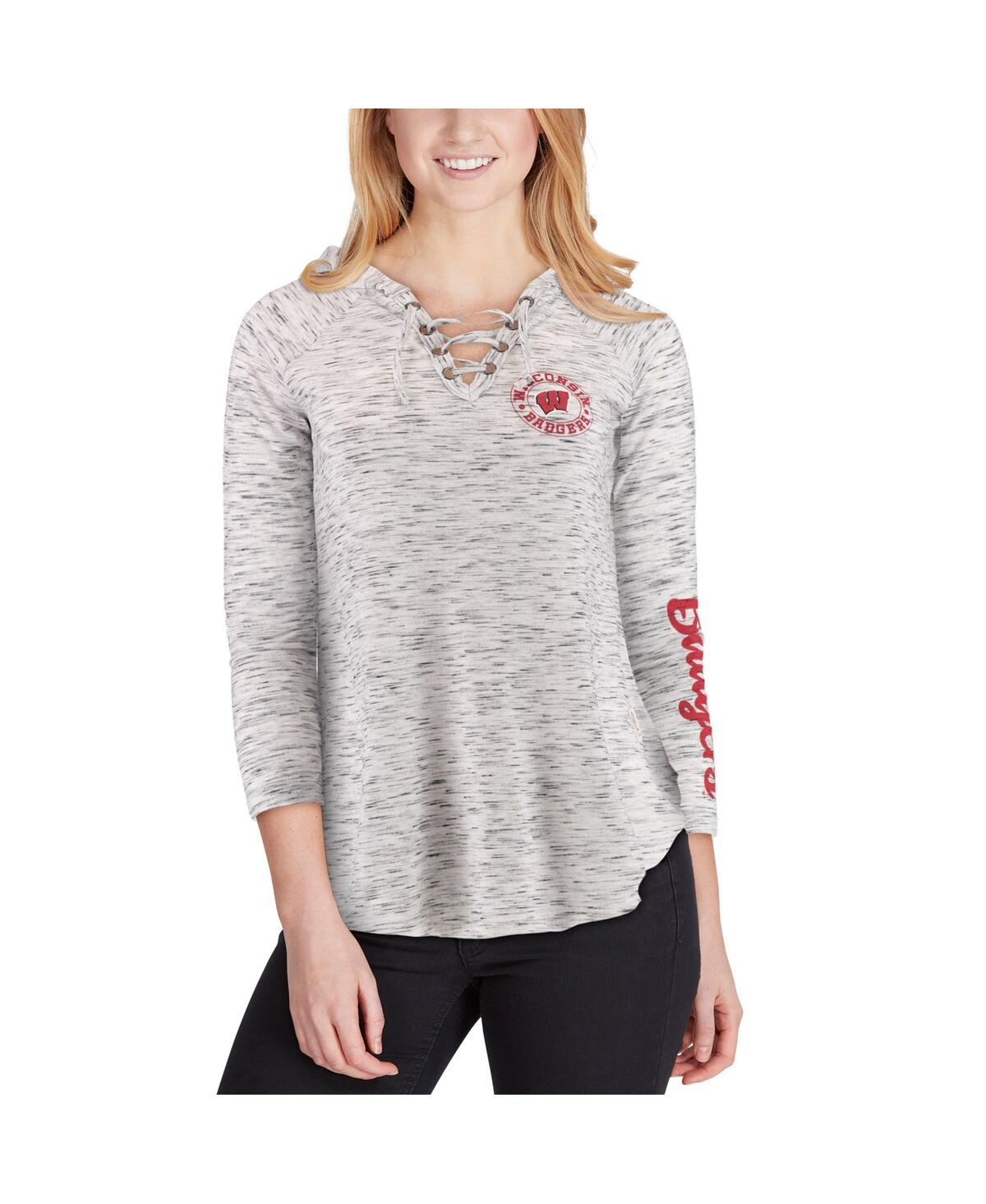Women's PressboxWisconsin Badgers Space Dye Lace-Up V-Neck Long Sleeve T-shirt - Gray