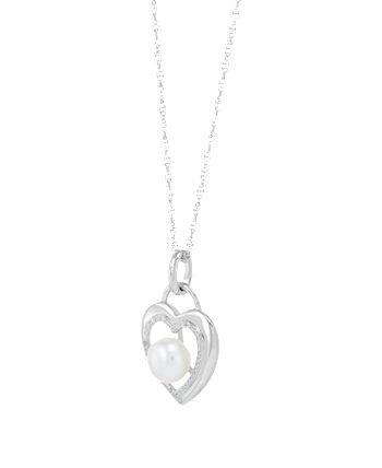 Macy's - Cultured Freshwater Pearl (7mm) & Diamond (1/10 ct. t.w.) Heart Pendant Necklace Sterling Silver, 16" + 2" extender
