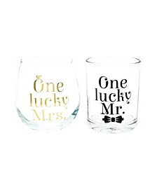One Lucky Mr Rocks Glass and One Lucky Mrs Stemless Wine Glass Set, 2 Pieces