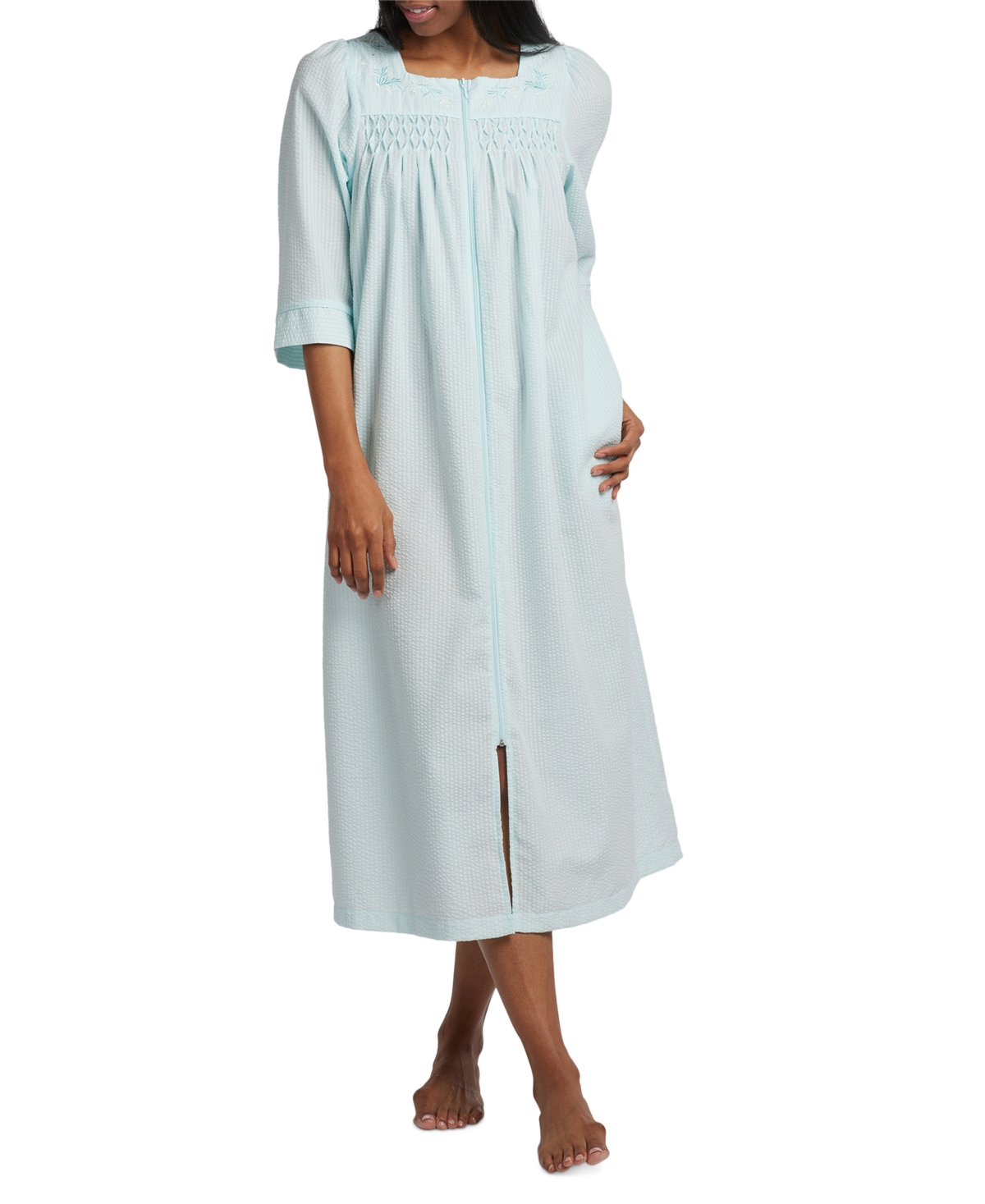 Miss Elaine Long Zipper Embroidered Seersucker Robe In Turquoise