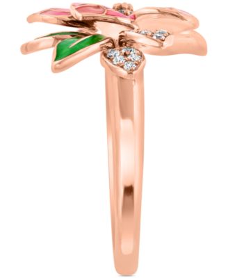 EFFY&reg; Pink & Green Enamel & Diamond Flower Ring (1/5 ct. t.w.) in 14k Rose Gold