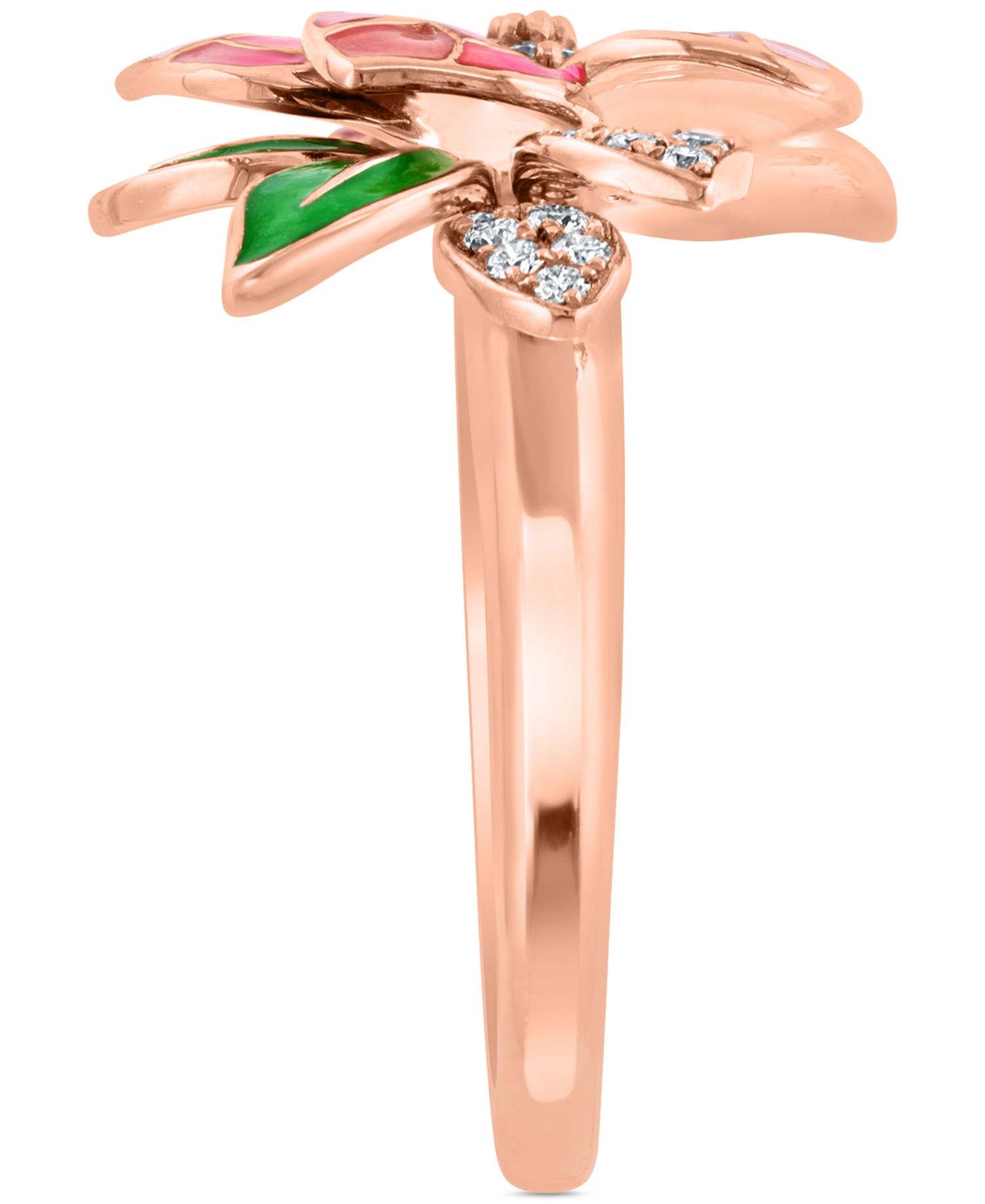 EFFY® Pink & Green Enamel & Diamond Flower Ring (1/5 ct. t.w.) in 14k Rose Gold