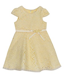 Baby Girls Crochet Lace Cap Sleeve Fit and Flare Dress with Waist Bow