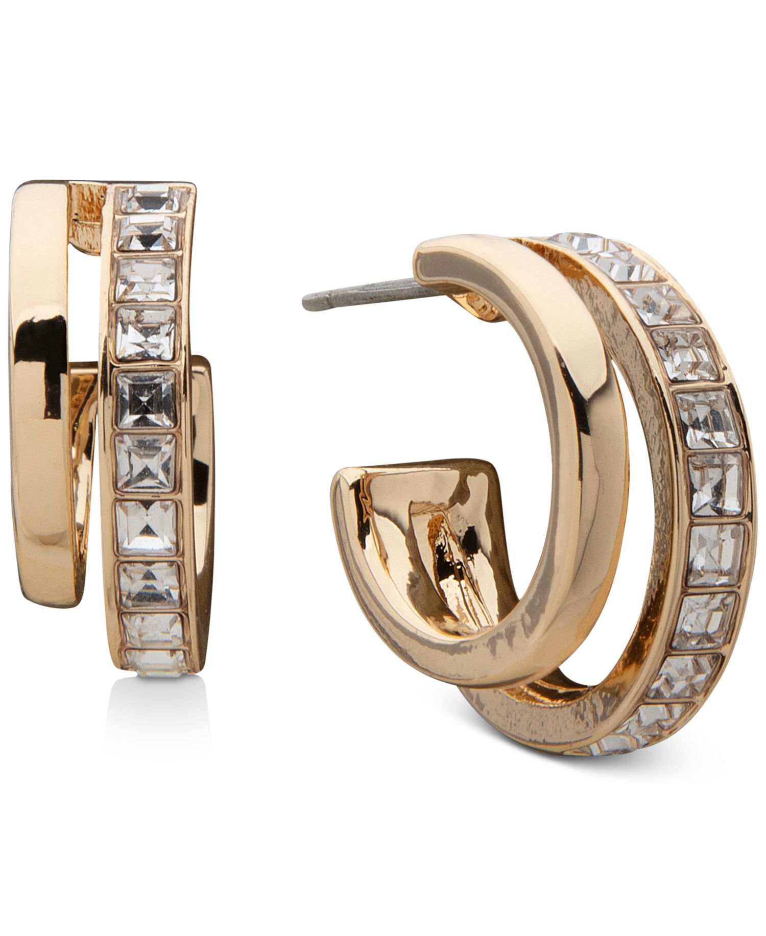 Gold-Tone Pav&eacute; Crystal Double Hoop Earrings, 0.68"