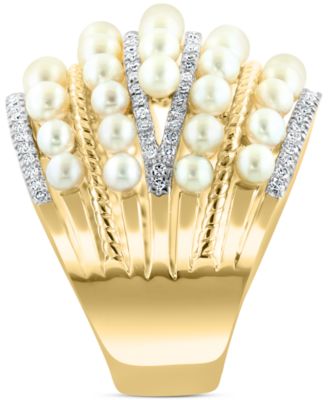 EFFY&reg; Cultured Freshwater Pearl (4mm) & Diamond (3/8 ct. t.w.) Multirow Statement Ring in 14k Gold