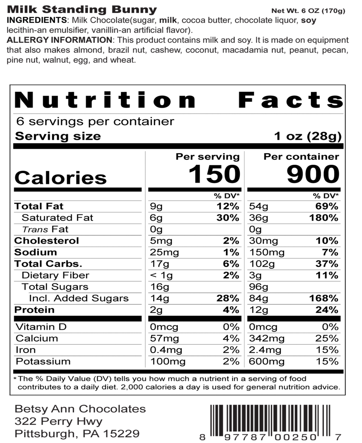 Betsy Ann Chocolates Milk Chocolate Standing Bunny, Set of 3