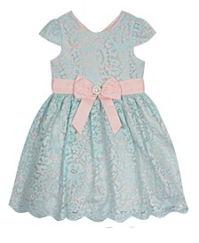 Toddler Girls Metallic Lace Cap Sleeve Dress with Satin Waistband and Bow