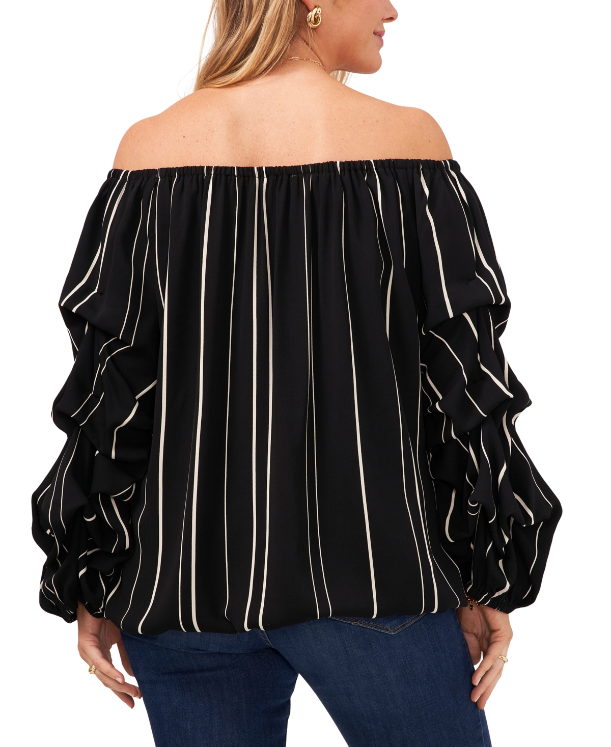 VINCE CAMUTO PLUS SIZE STRIPED OFF-THE-SHOULDER BUBBLE 3/4-SLEEVE TIE-FRONT BLOUSE 