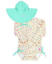Baby Girls Ruffled Rash Guard Swimsuit with Hat, 2-Piece Set