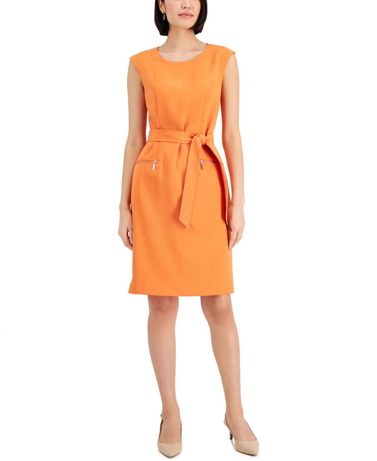 Kasper Petite Belted Zipper Pocket Dress In Papaya ModeSens