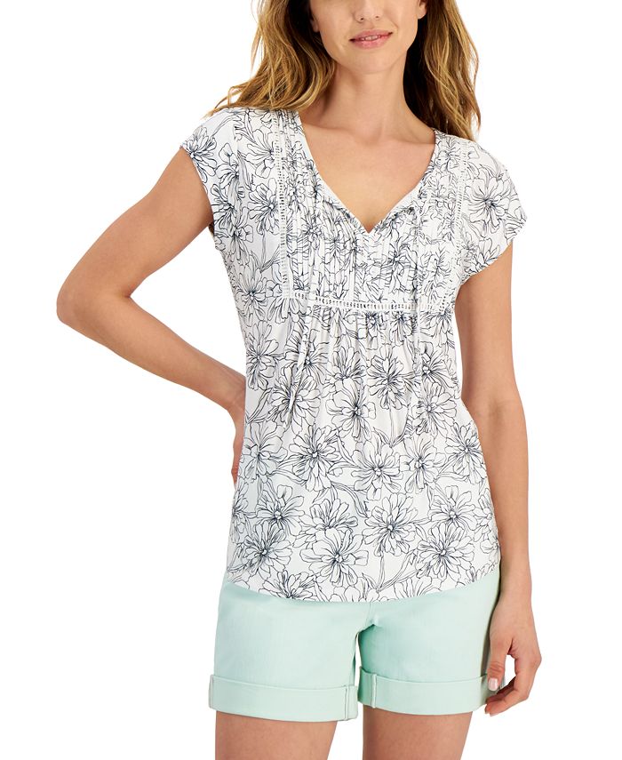 Tommy Hilfiger Women's Floral-Print Ladder-Trim Pintucked Top - Macy's