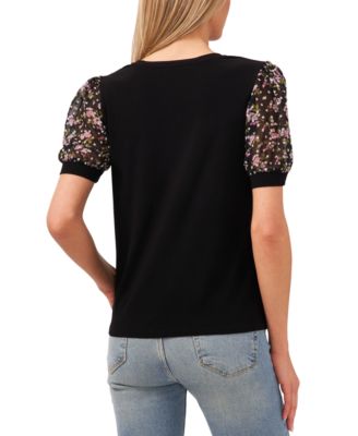CeCe Women's Mixed Media Puff Sleeve Bouquet Knit Top - Macy's