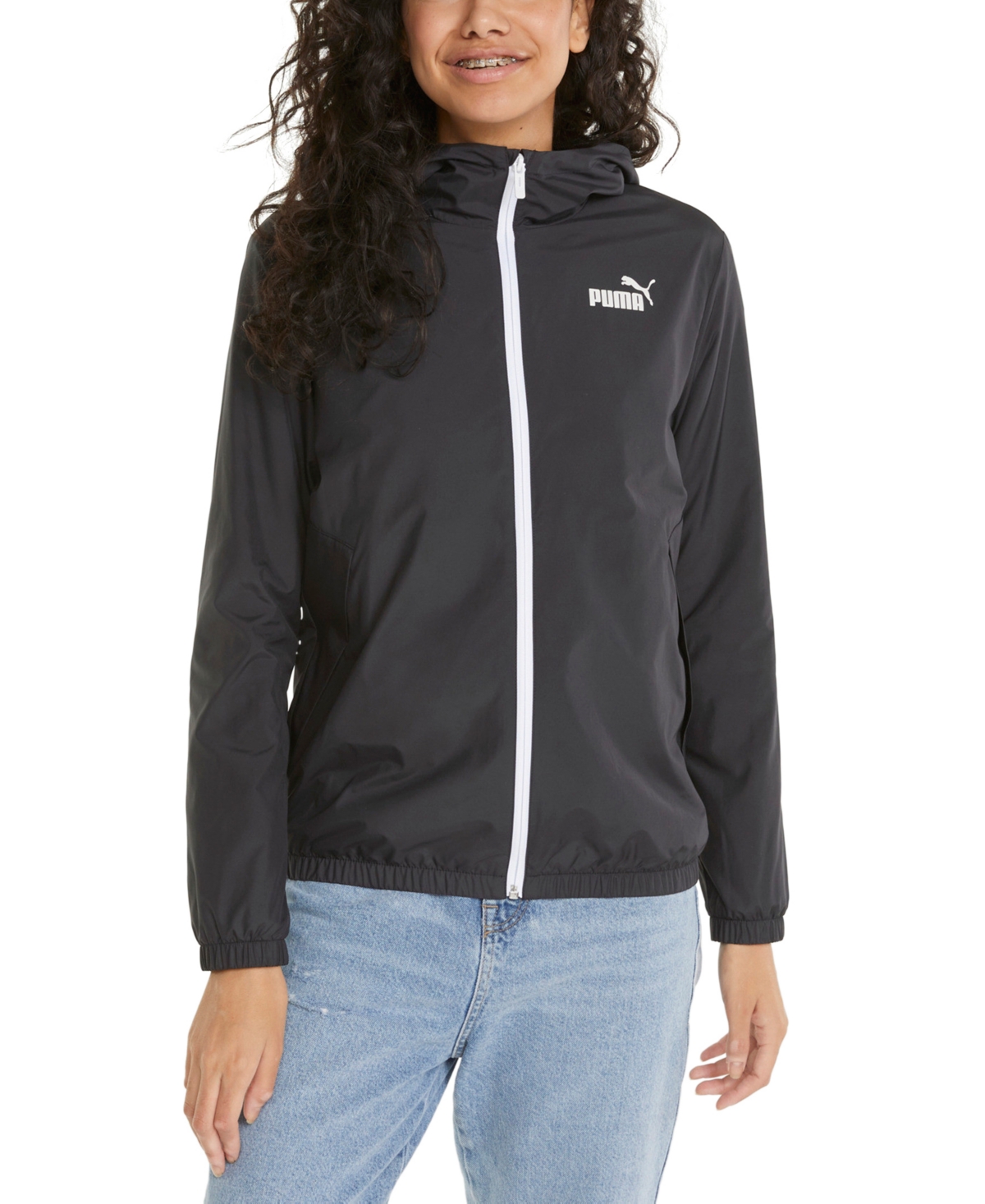 Puma Women's Essentials Solid Windbreaker Zip-front Jacket In Black