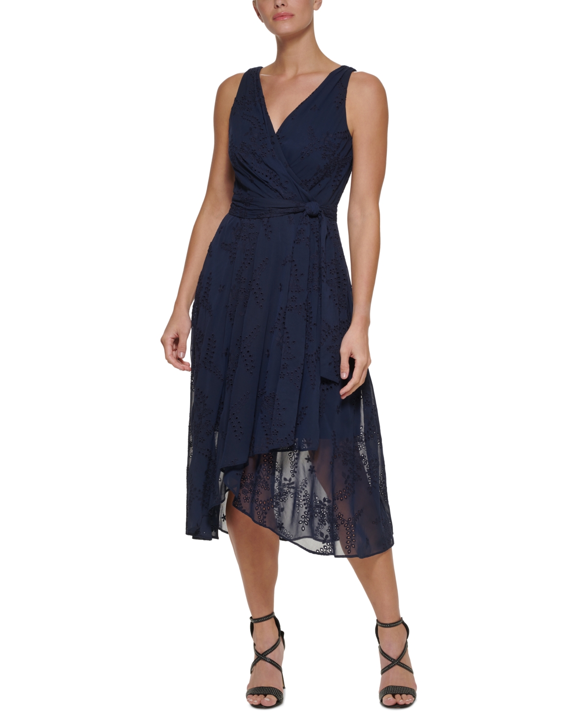 Dkny Petite Embroidered Faux-wrap Dress In Navy | ModeSens