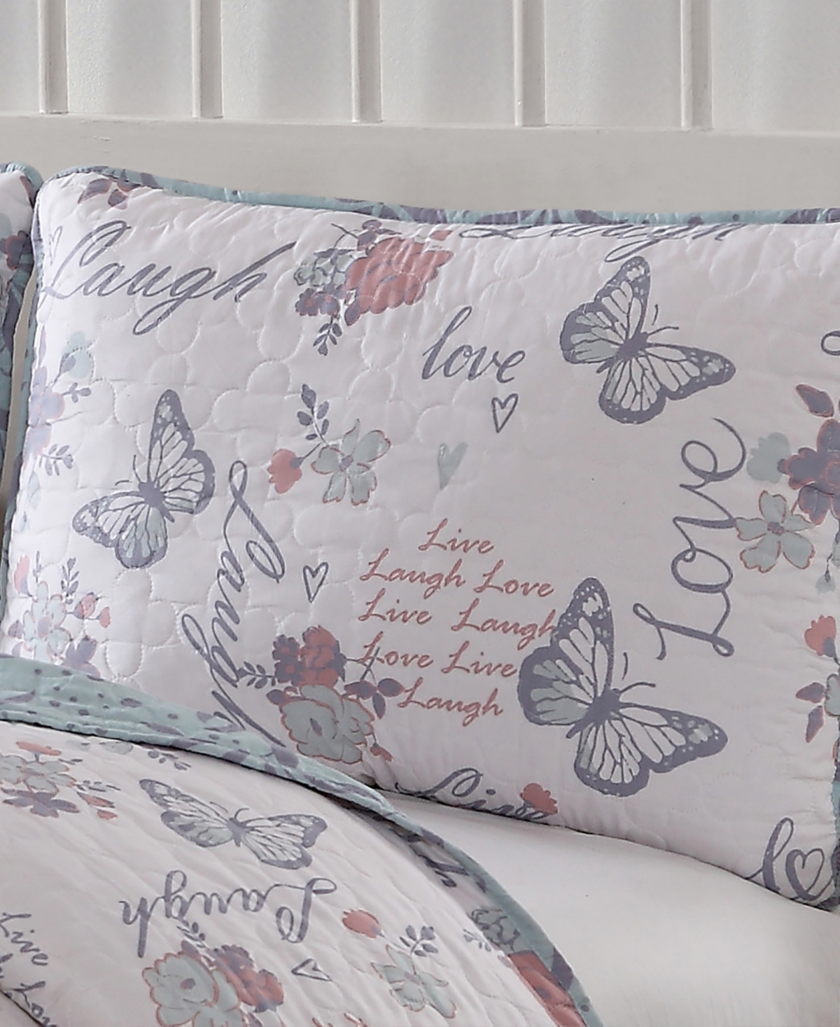 Live Laugh Love Reversible 3 Piece Quilt Set, - Blue, Pink, White