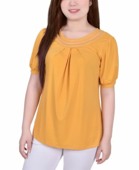 Petite Short Puff Sleeve Mesh Inset Top - Golden Glow