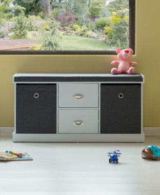 White Shoe Storage Bench with Wooden Frame, 2 Drawers, Foldable Baskets, and Comfortable Gray Cushion for Entryway, Hallway, or Bedroom Organization