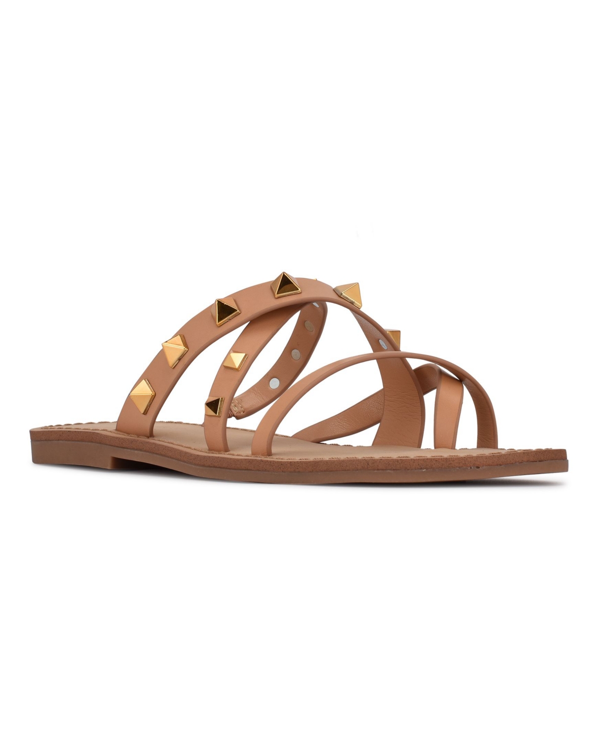 Nine West Cerri Womens Faux Leather Studded Slide Sandals In Medium Natural