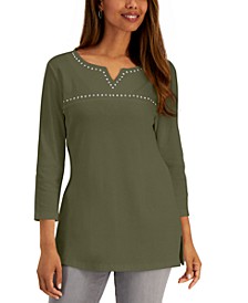Cotton Studded Split-Neck Top, Created for Macy's