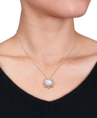 Cultured Freshwater Pearl (8-1/2mm) & White Topaz (1 ct. t.w.) Flower 18" Pendant Necklace in Gold-Tone Plated Sterling Silver