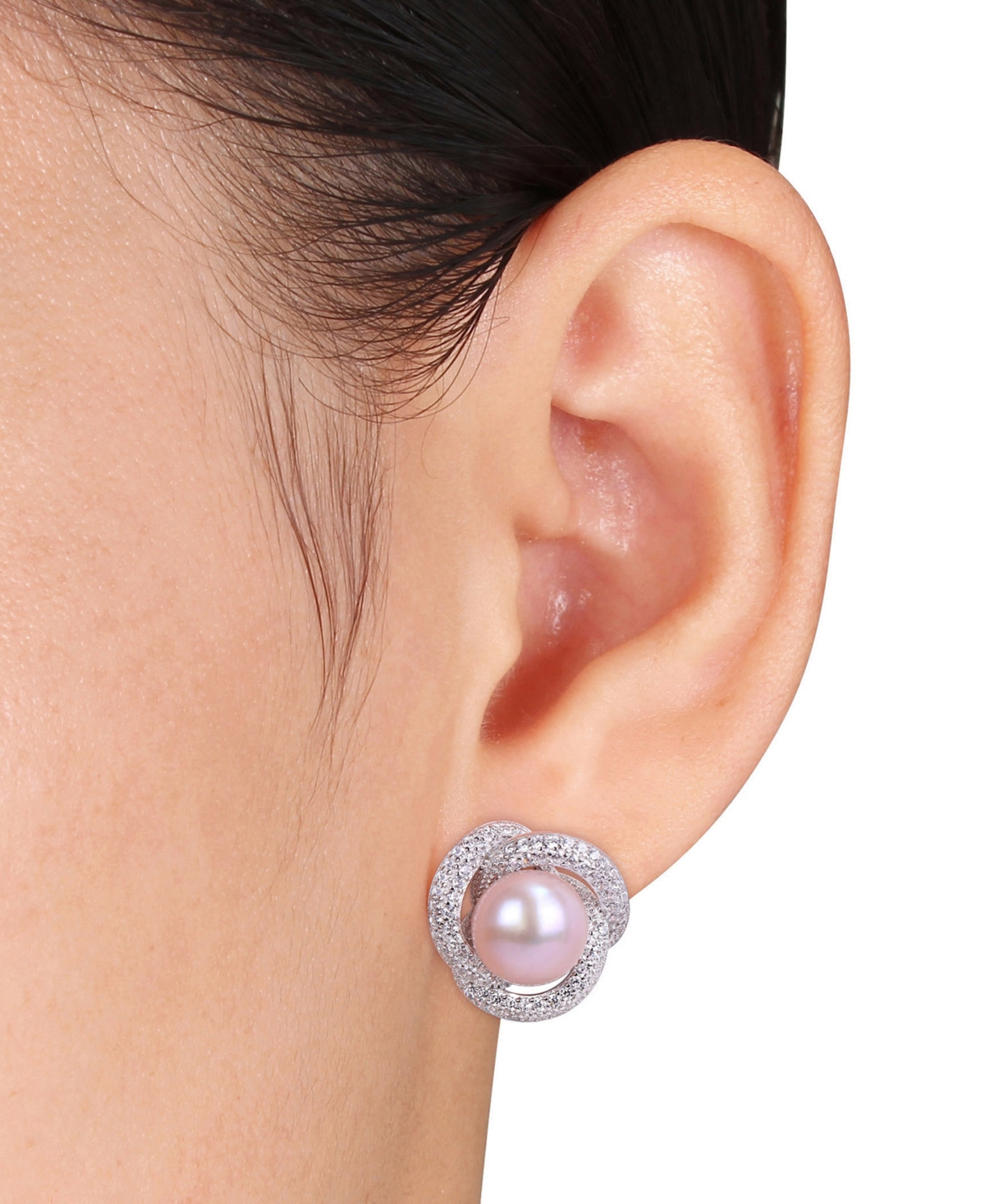 Pink Cultured Freshwater Pearl (10-1/2mm) & Cubic Zirconia Love Knot Stud Earrings in Sterling- Silver