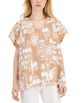 Anne Klein - Women's Printed Keyhole-Back Linen Kaftan Top