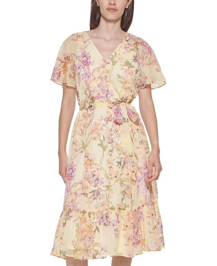 Calvin Klein Floral-Print Flutter-Sleeve Midi Dress & Reviews - Dresses -  Women - Macy's