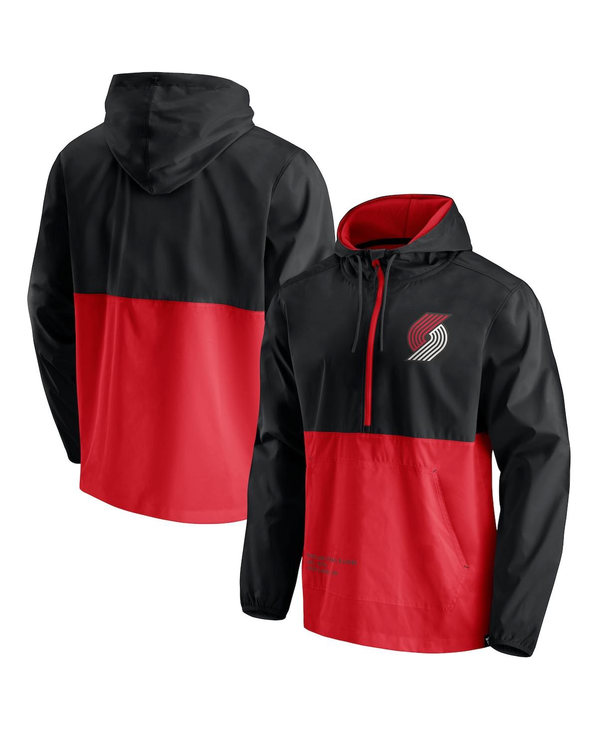 Shop Fanatics Men's  Black, Red Portland Trail Blazers Anorak Block Party Windbreaker Half-zip Hoodie Jack In Black,red