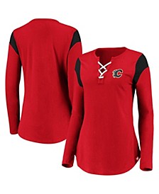 Women's Branded Red Calgary Flames Iconic Long Sleeve Lace-Up V-Neck T-shirt