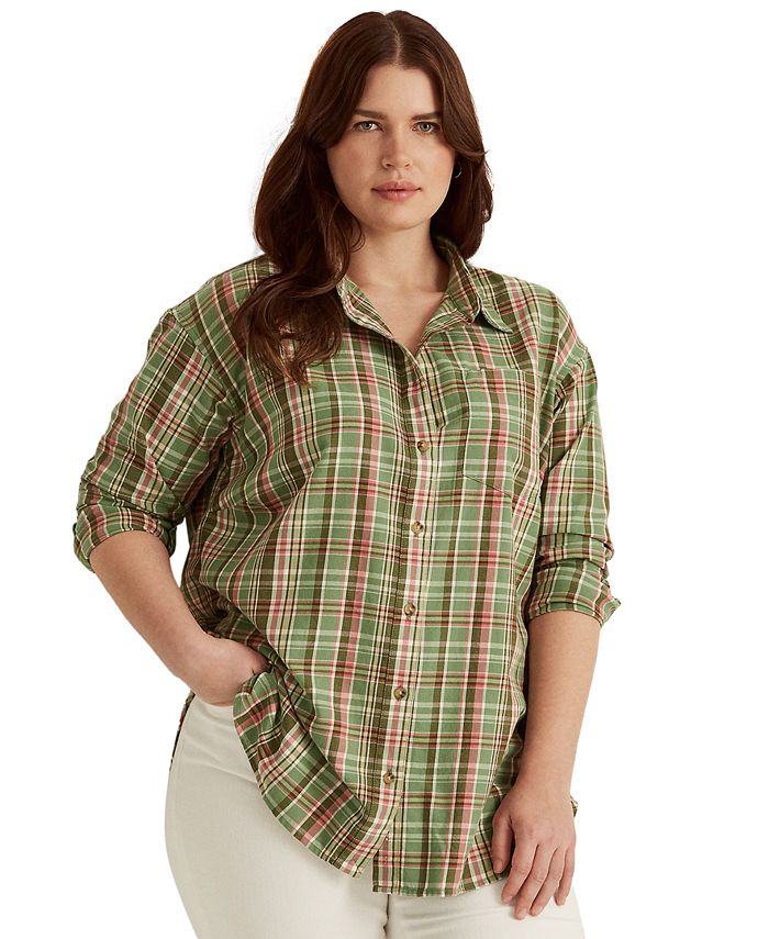 Lauren Ralph Lauren Plus-Size Plaid Cotton Twill Shirt - Macy's