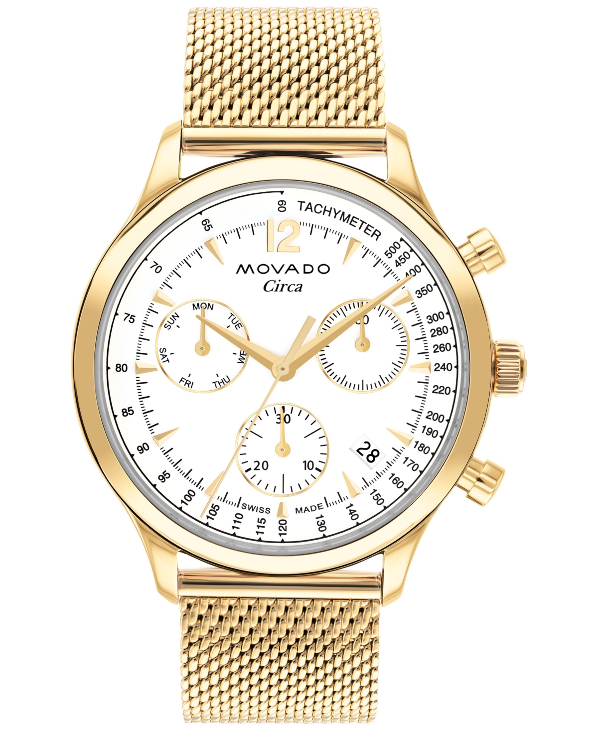 Shop Movado Men's Swiss Chronograph Heritage Series Circa Gold Ion Plated Steel Mesh Bracelet Watch 43mm