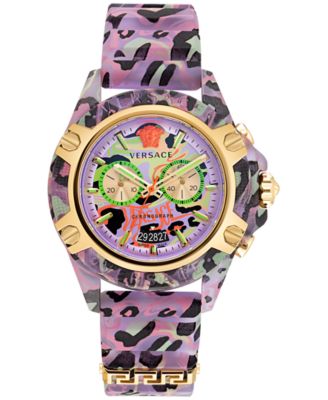 Versace - Men's Swiss Chronograph Icon Active Purple Animal Print Silicone Strap Watch 44mm