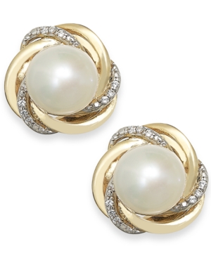 image of Cultured Freshwater Pearl (7mm) and Diamond Accent Knot Stud Earrings in 14k Gold