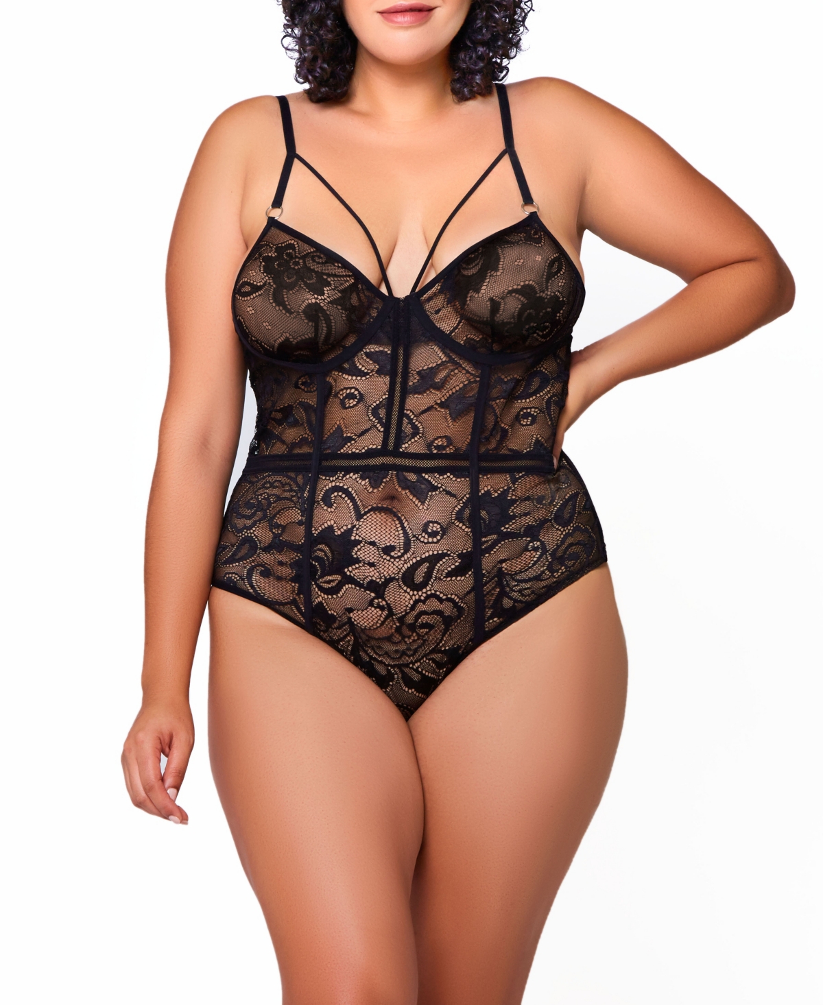 Plus Size Gabriel Embroidered Lace and Mesh Bodysuit - Black