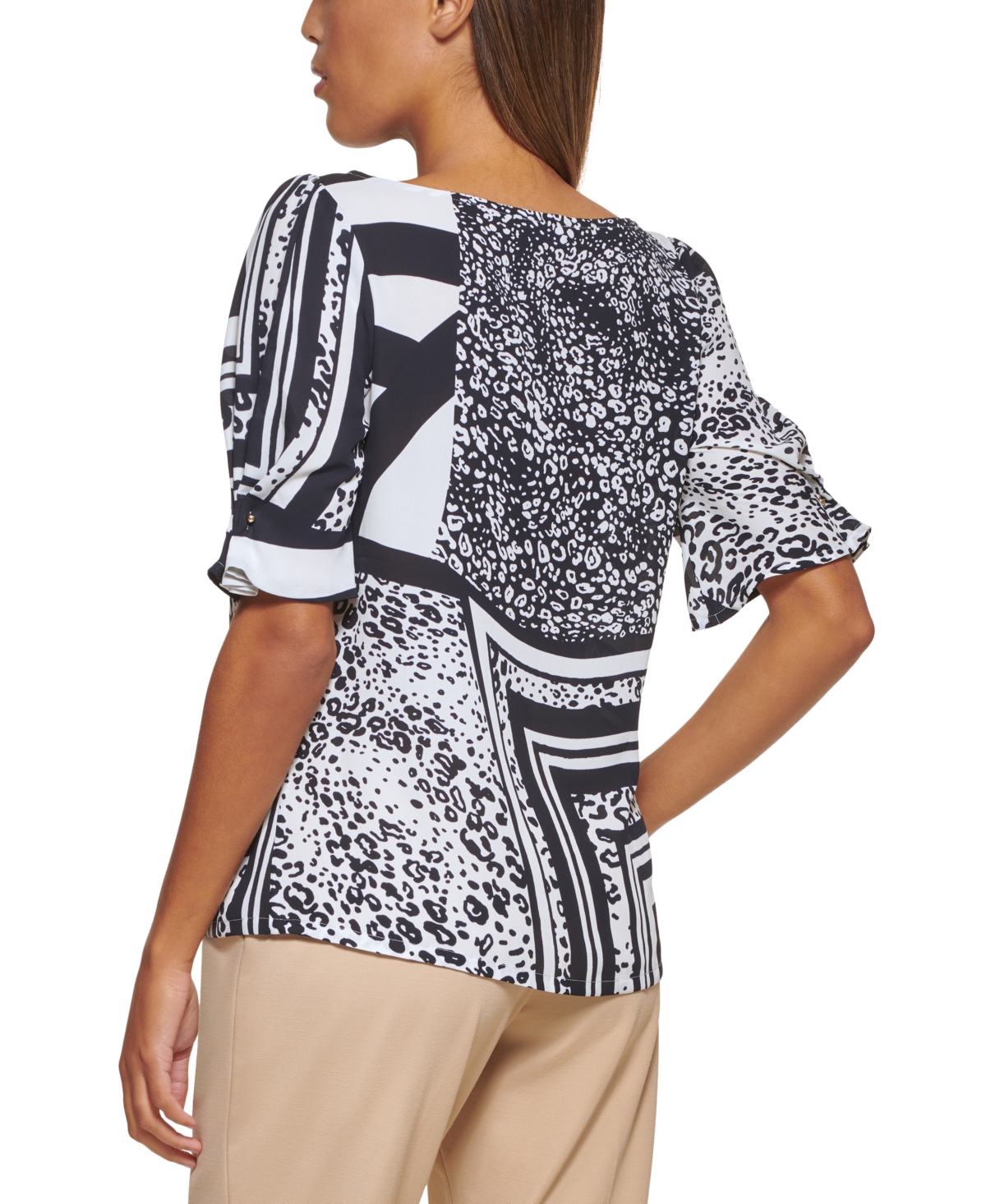 Dkny Petite Printed Imitation Pearl-Trim Top -White Multi