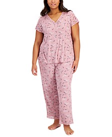 Plus Size Lace-Trimmed Floral V-Neck & Pajama Pants Set, Created for Macy's