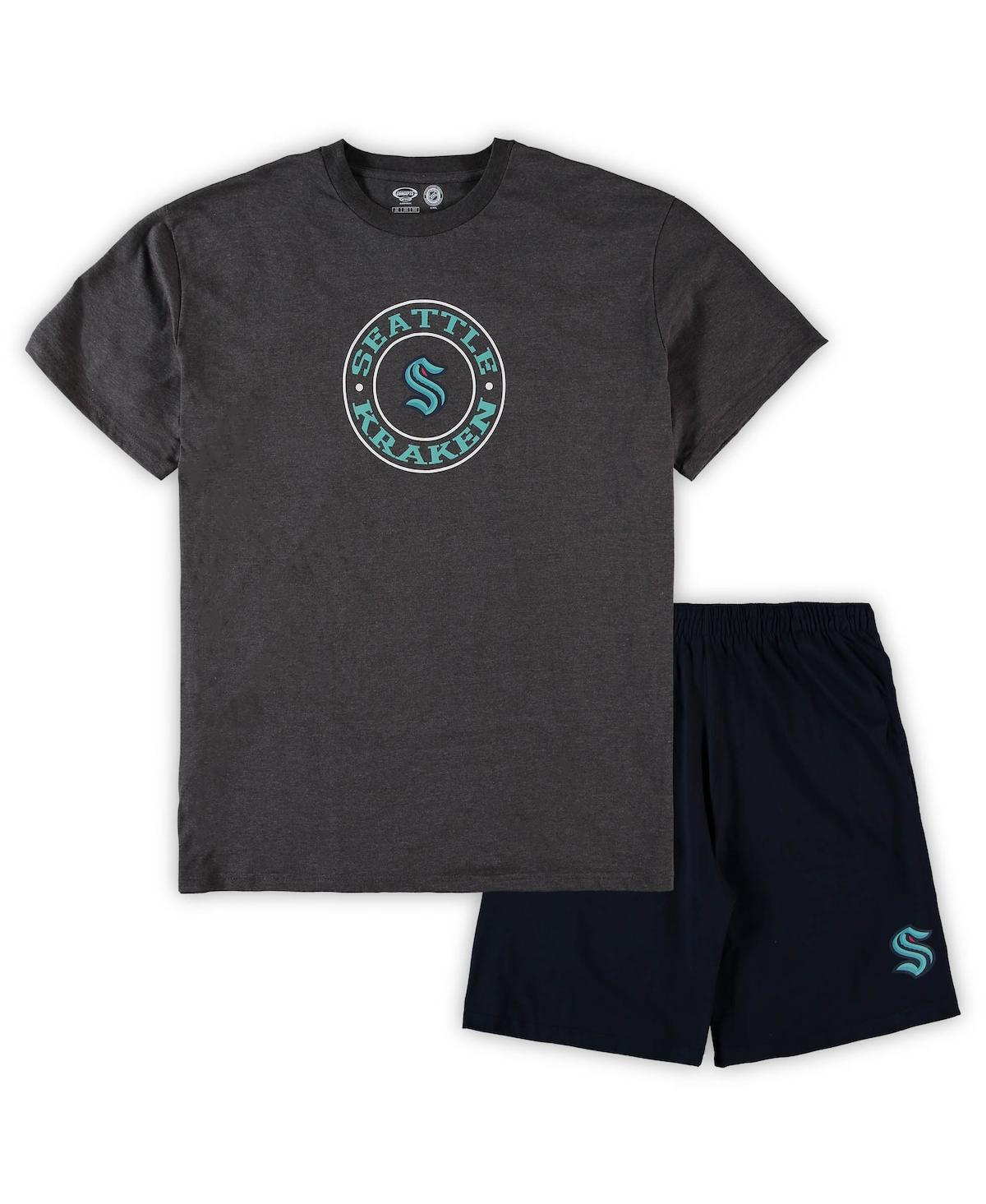 Men's Concepts Sport Deep Sea Blue, Heathered Charcoal Seattle Kraken Big and Tall T-shirt and Shorts Sleep Set - Deep Sea Blue, Heathered Charcoal