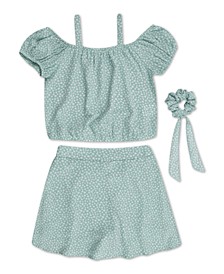Big Girls Ditsy Floral Scooter Top with Skirt and Scrunchie, 3-Piece Set