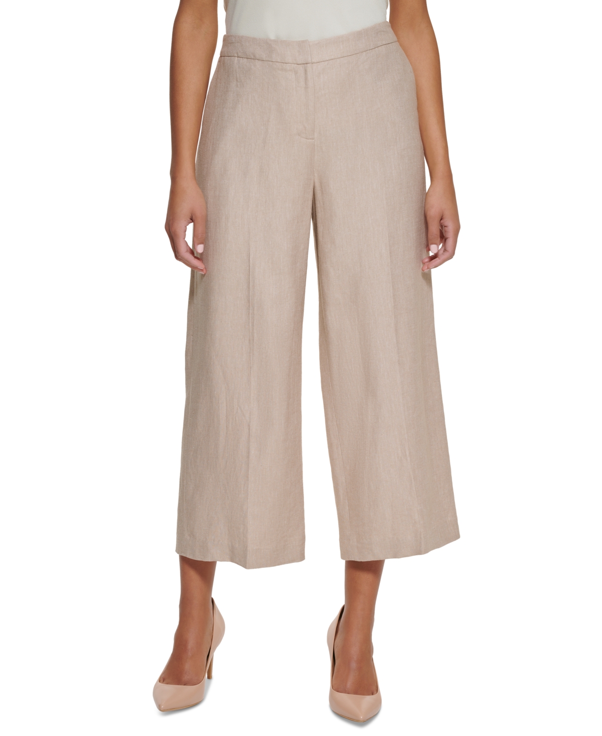 Calvin Klein Petite Linen Cropped Wide-leg Pants In Wheat/cream