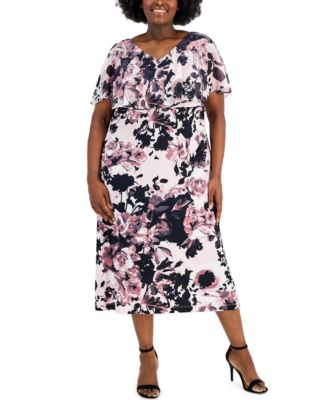 Connected - Plus Size Floral-Print Chiffon Overlay Midi Dress