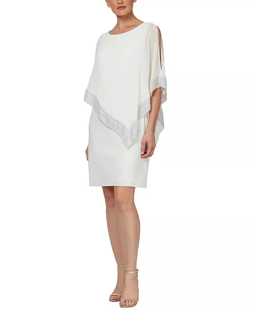 metallic-trim capelet sheath dress