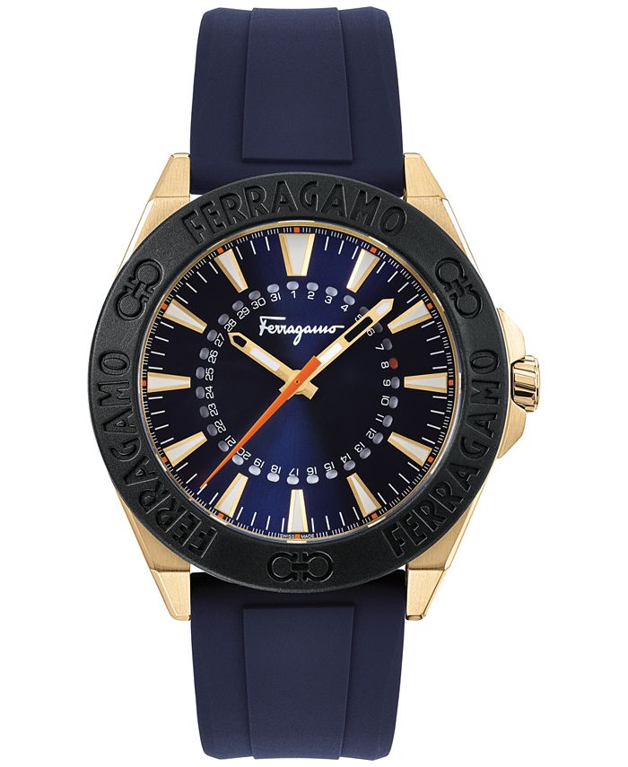 Salvatore ferragamo blue guilloche dial discount leather strap automatic men's watch