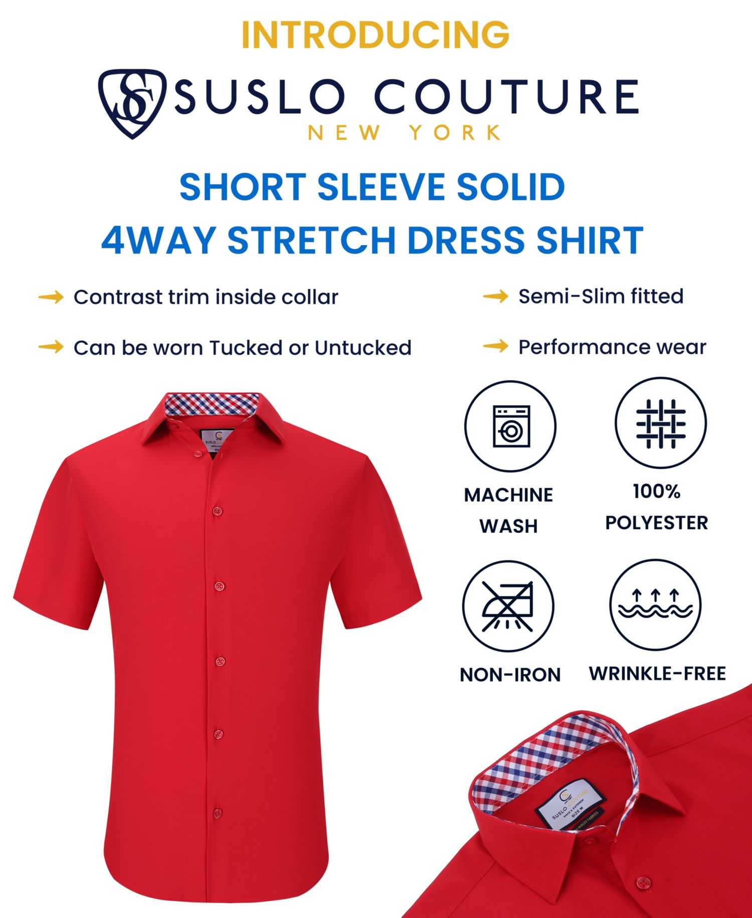 Men's Slim Fit Performance Short Sleeves Solid Button Down Shirt