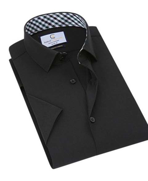 Мужская рубашка Suslo Couture Slim Fit Performance Short Sleeves Solid Button Down Shirt, цвет: Чёрный